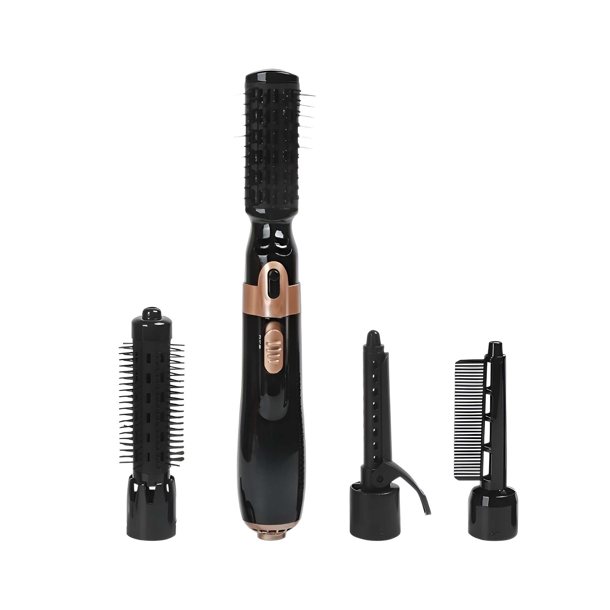 Ein schwarzer Haarstyler mit mehreren Aufsätzen, darunter Bürsten und Lockenstäbe, wird vor weißem Hintergrund gezeigt.