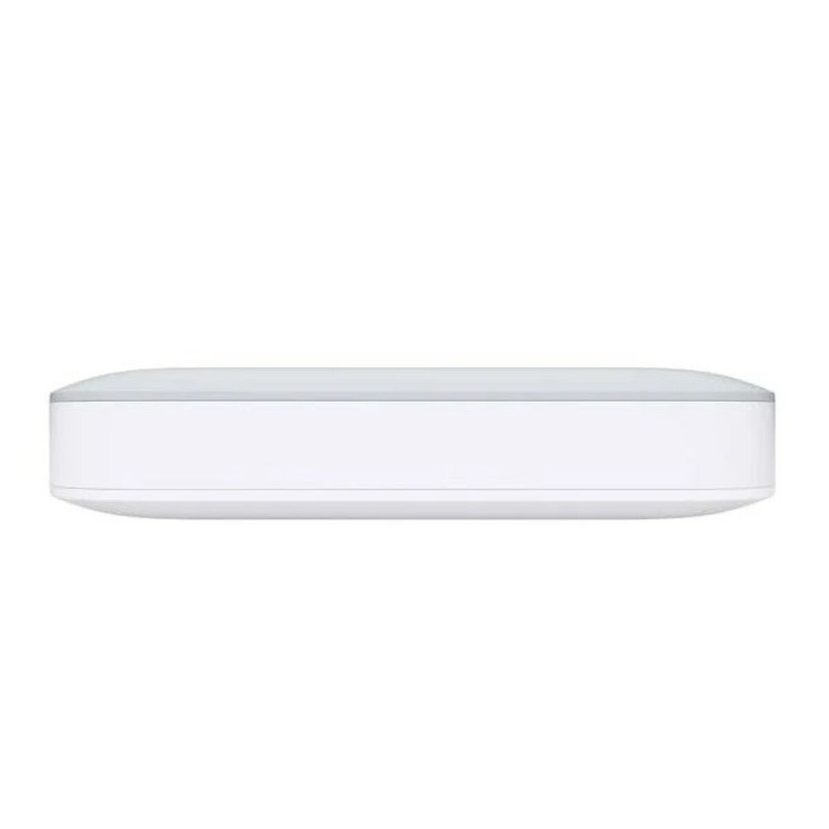 Białe, prostokątne urządzenie z zaokrągloną górą i wpuszczonym środkiem.