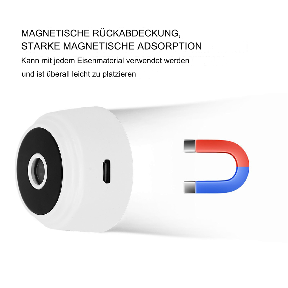 Weißes Gerät mit U-förmigem Magneten. Deutscher Text beschreibt magnetische Rückseite und starke Adsorption.