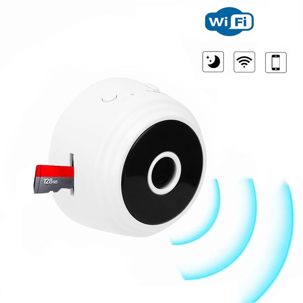 Weiße, runde Überwachungskamera mit schwarzer Linse. Zeigt 128 GB Karte eingesetzt. Wifi-Symbol vorhanden. Blaue Wellen.