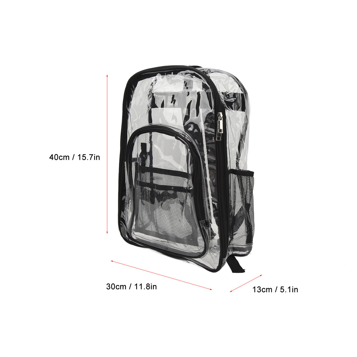 Ein klarer Rucksack mit Abmessungen. Er zeigt das Innere des Rucksacks und eine seitliche Netztasche.