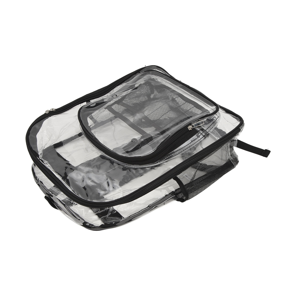 Transparenter Rucksack mit schwarzem Besatz, Reißverschlüssen und Innennetzfächern.