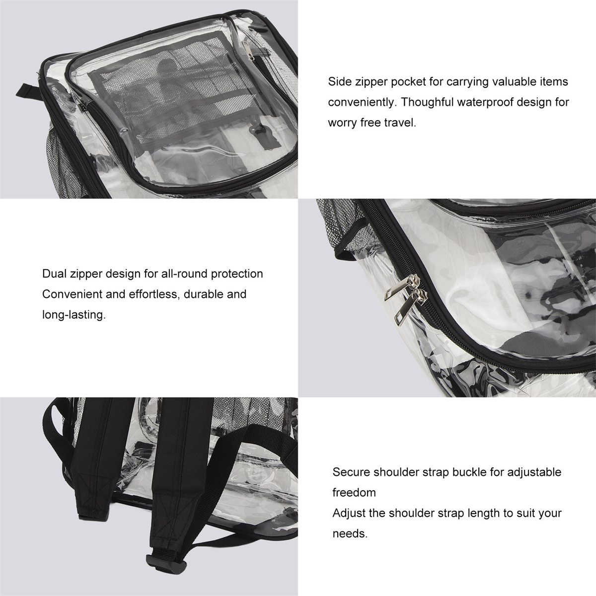 Ein transparenter Rucksack mit schwarzen Riemen, Reißverschlüssen und Netztaschen, mit Textbeschreibungen.