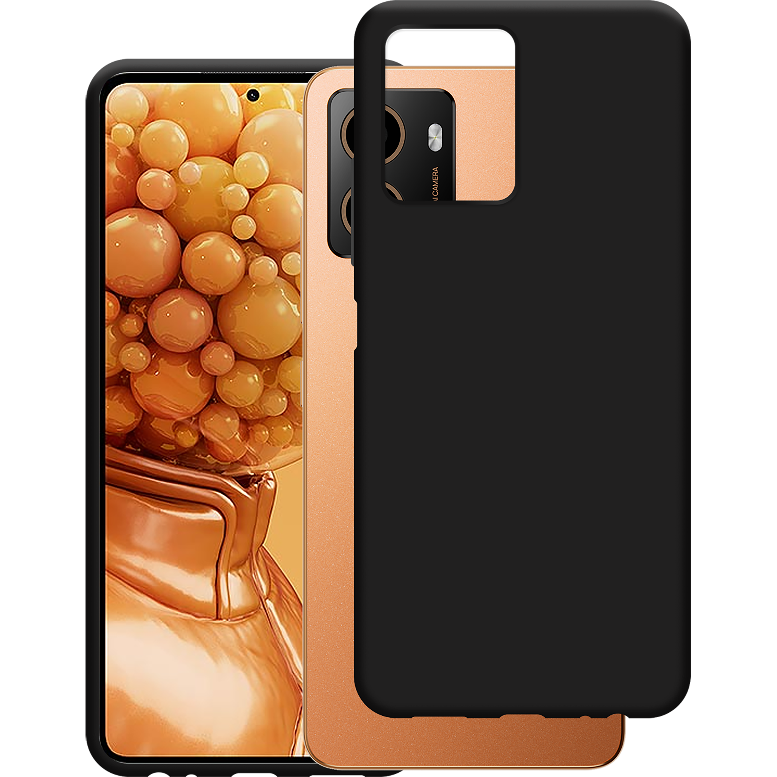 Schwarzes Telefon mit Hülle. Das Telefon ist goldfarben. Die Hülle ist schwarz.