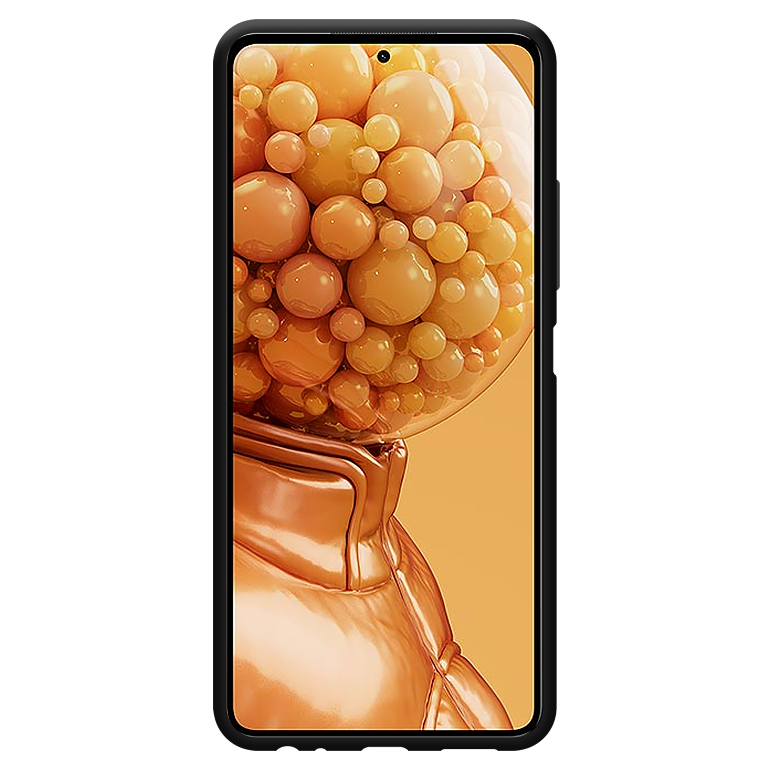 Ein Smartphone mit einem Hintergrundbild mit orangefarbener Blasentextur auf dem Bildschirm. Das Telefon hat einen schwarzen Rahmen.