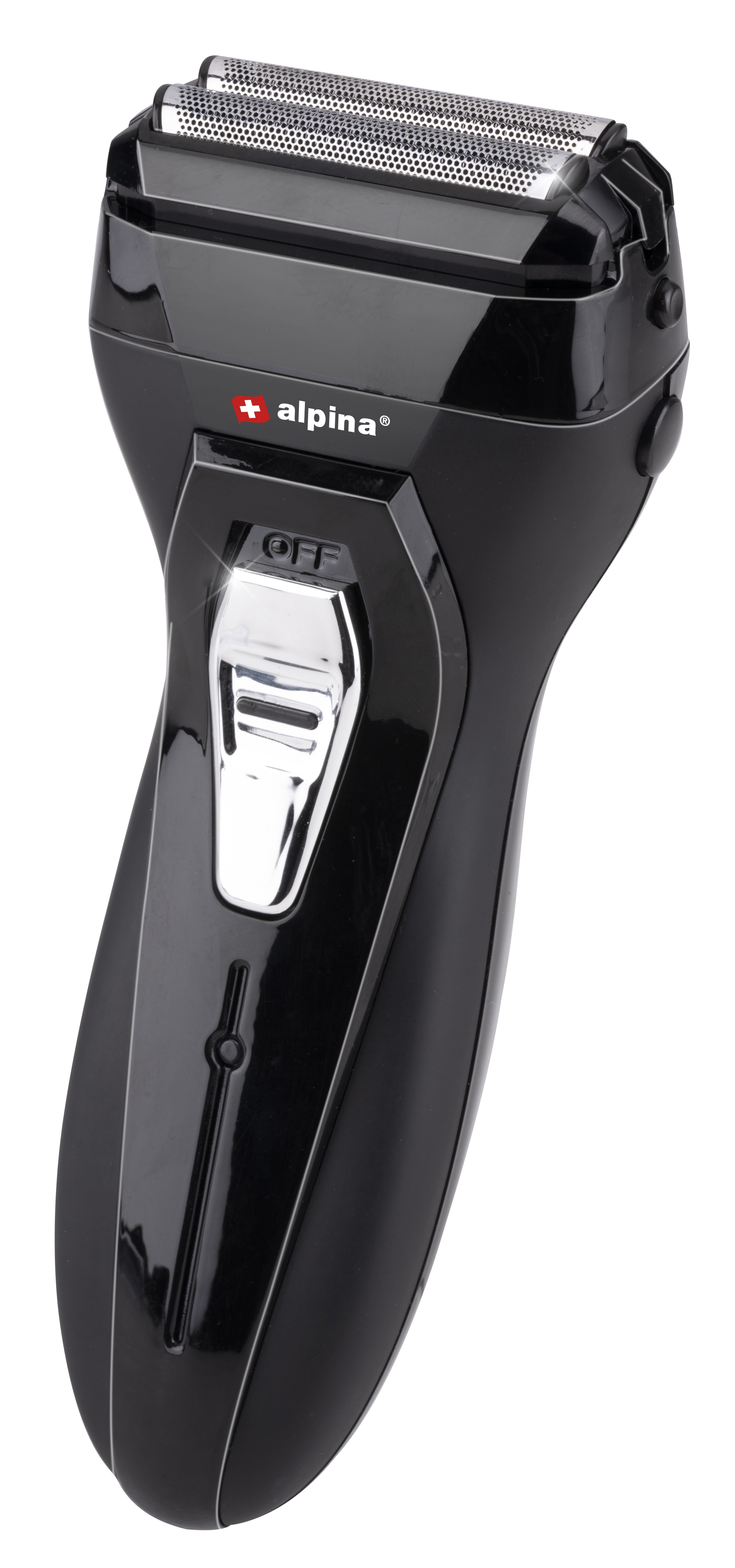 Ein schwarzer Elektrorasierer mit dem Markennamen 'alpina' und einer 'OFF'-Taste.
