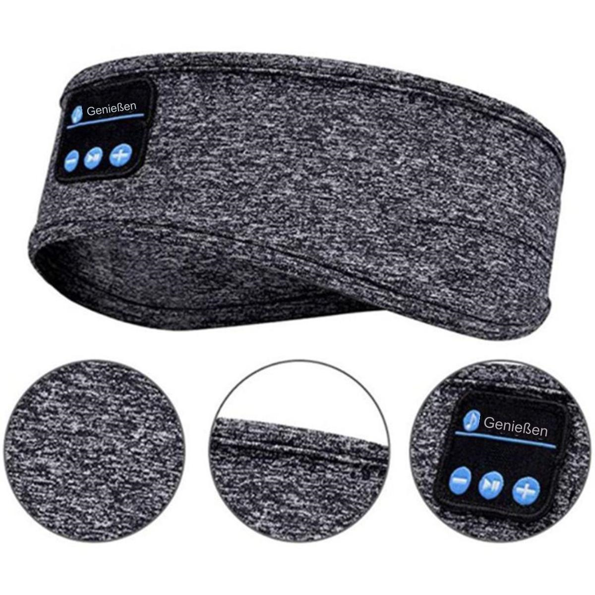 Ein graues Stirnband mit Knöpfen. Das Stirnband hat ein schwarzes Feld mit Knöpfen und Text.