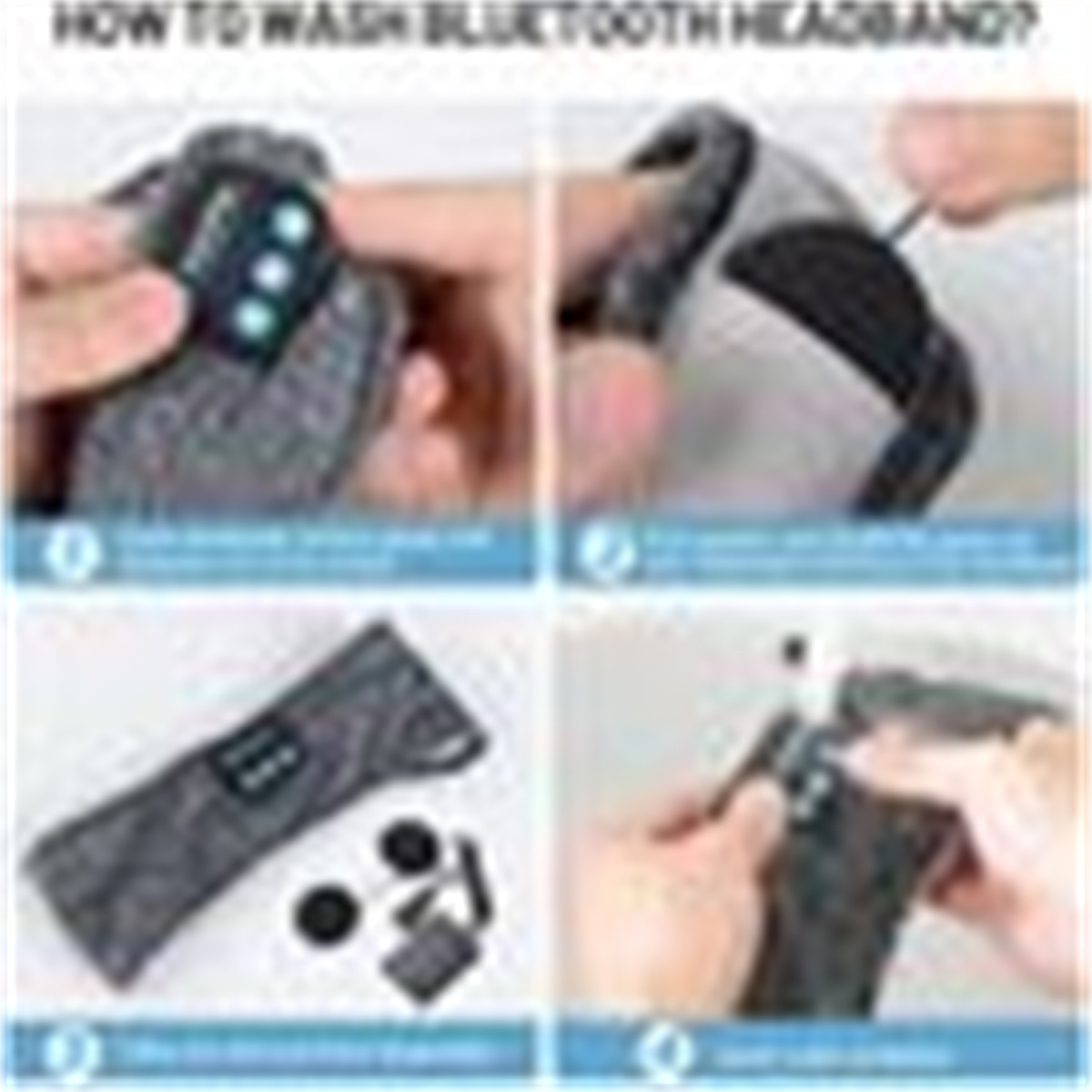 Bilder zeigen, wie man ein graues Stirnband mit Bluetooth-Komponente wäscht.