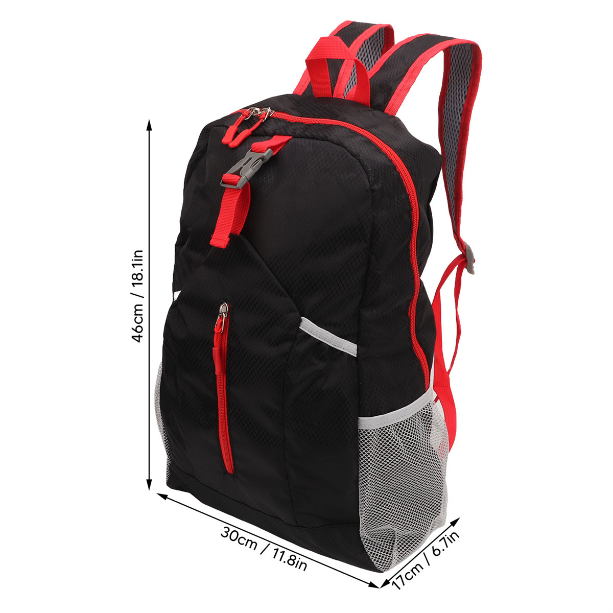 Schwarzer Rucksack mit roten Details, Abmessungen werden angezeigt.
