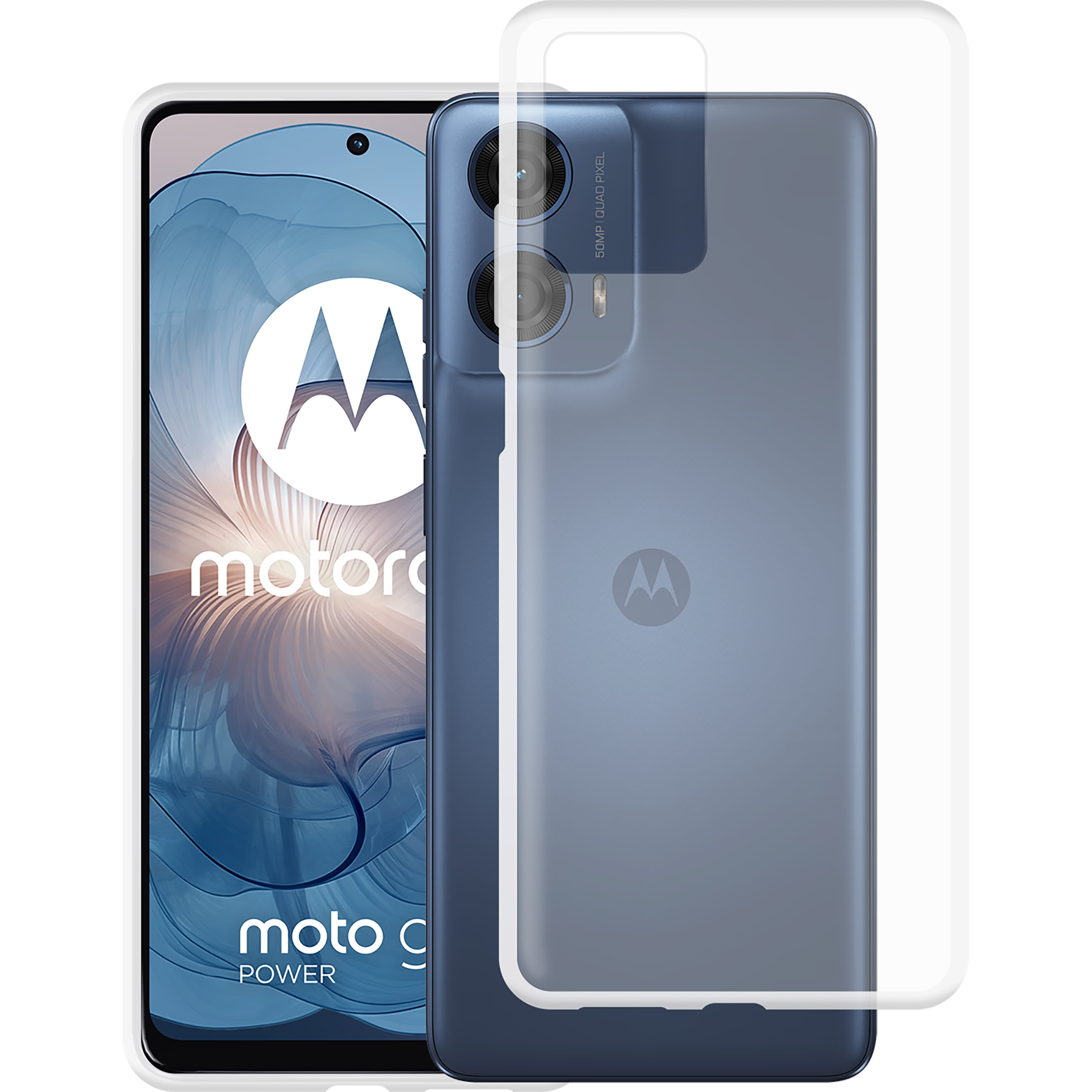 Telefon mit aufgebrachter Displayschutzfolie. Das Telefon ist dunkelblau mit weißem Rahmen.