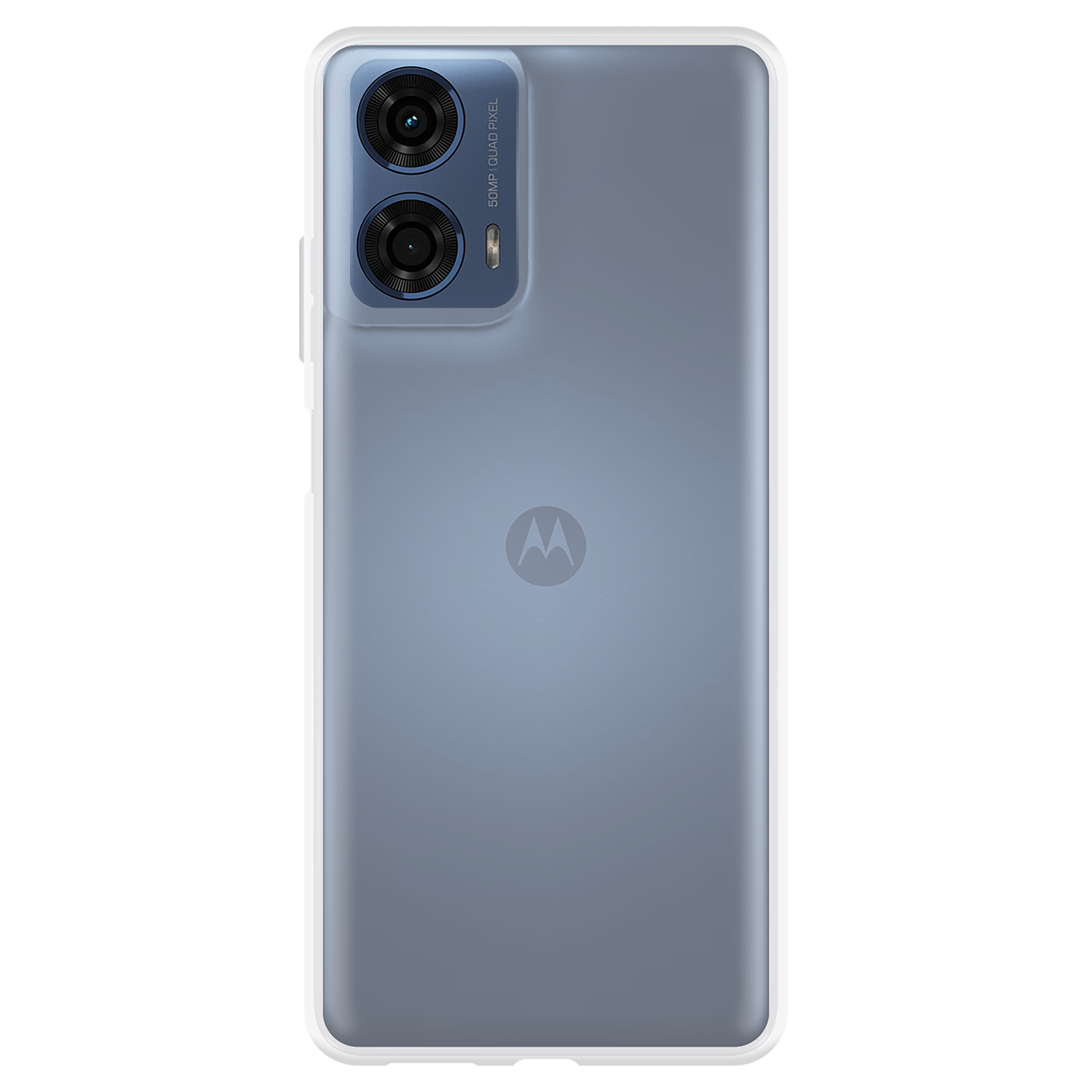 Ein graues Telefon auf weißem Hintergrund. Auf der Rückseite des Telefons befinden sich zwei Kameras.