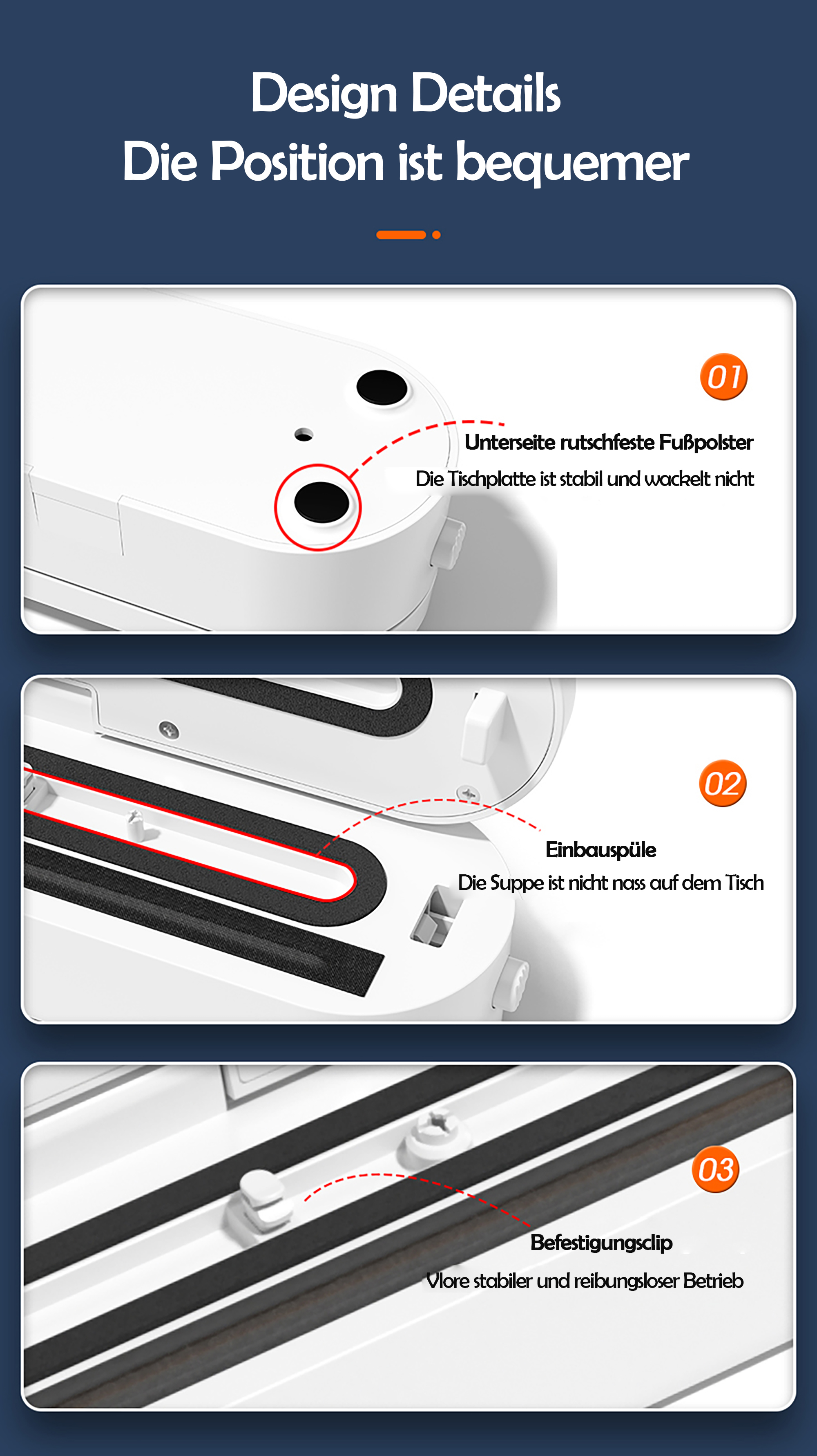 Weiße Vakuumversiegelungs-Design-Details, die Funktionen und Teile zeigen.