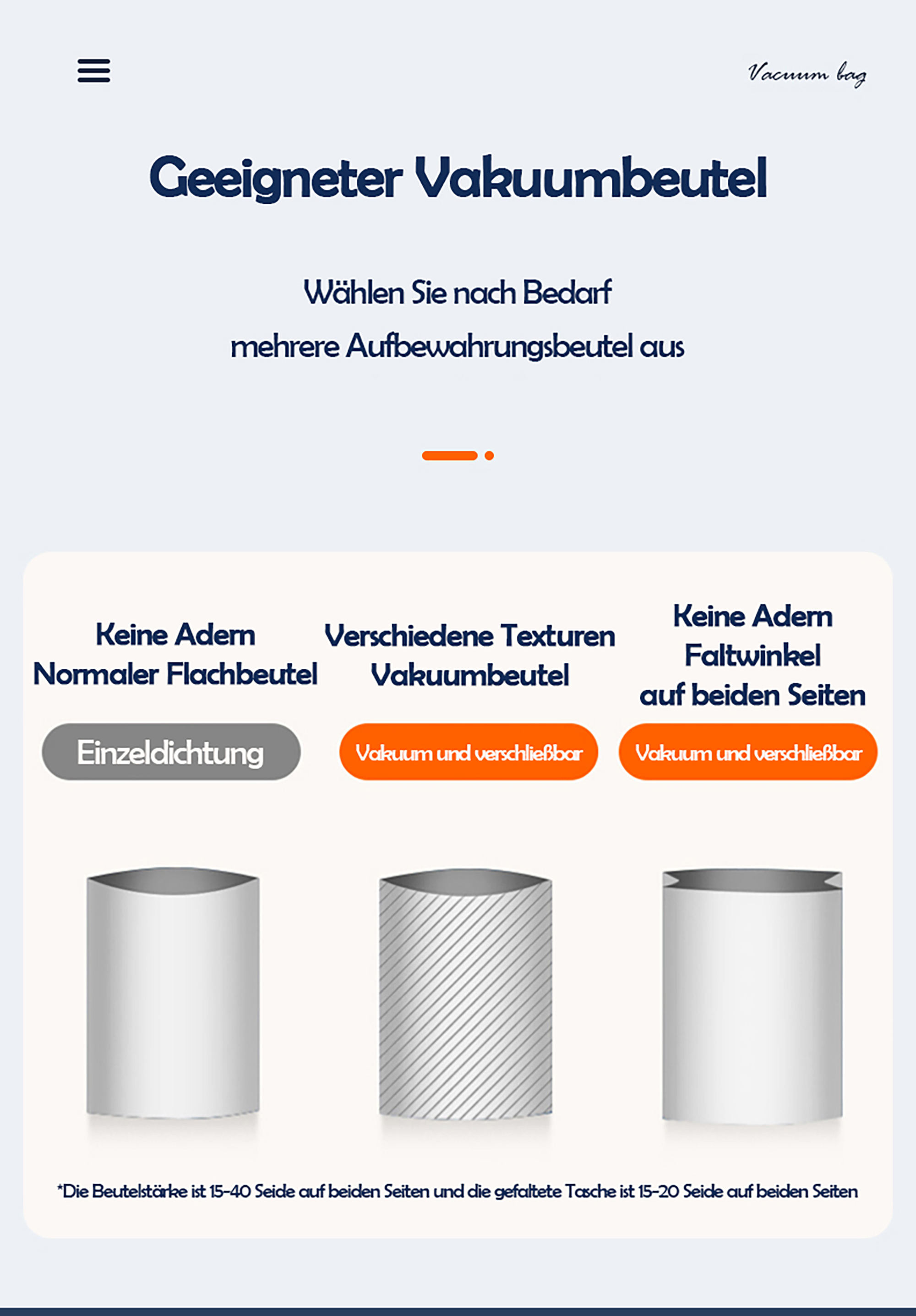Diagramm, das Vakuumbeuteltypen zeigt: normal flach, strukturiert und gefaltet, mit verschiedenen Versiegelungsmethoden.