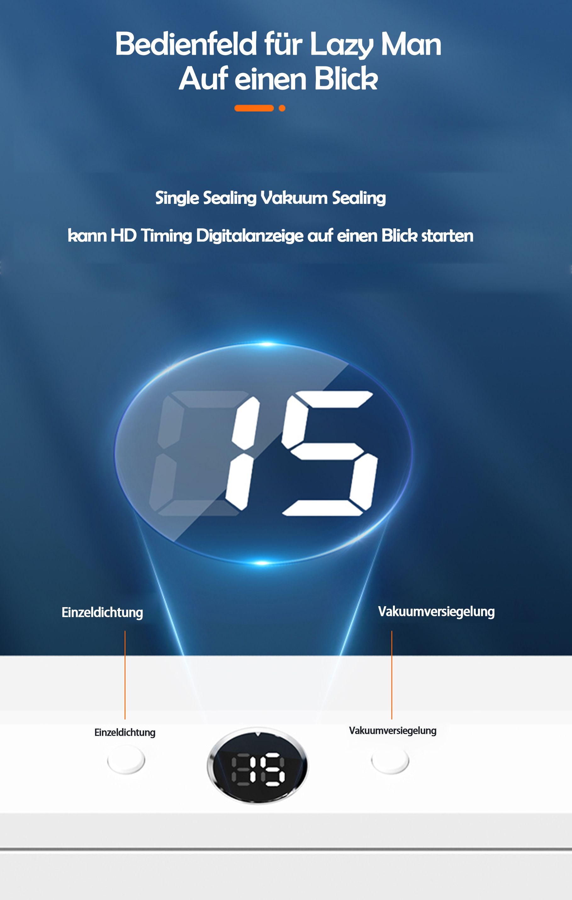 Digitalanzeige mit einem Timer-Countdown. Text unten zeigt Vakuumversiegelung an.