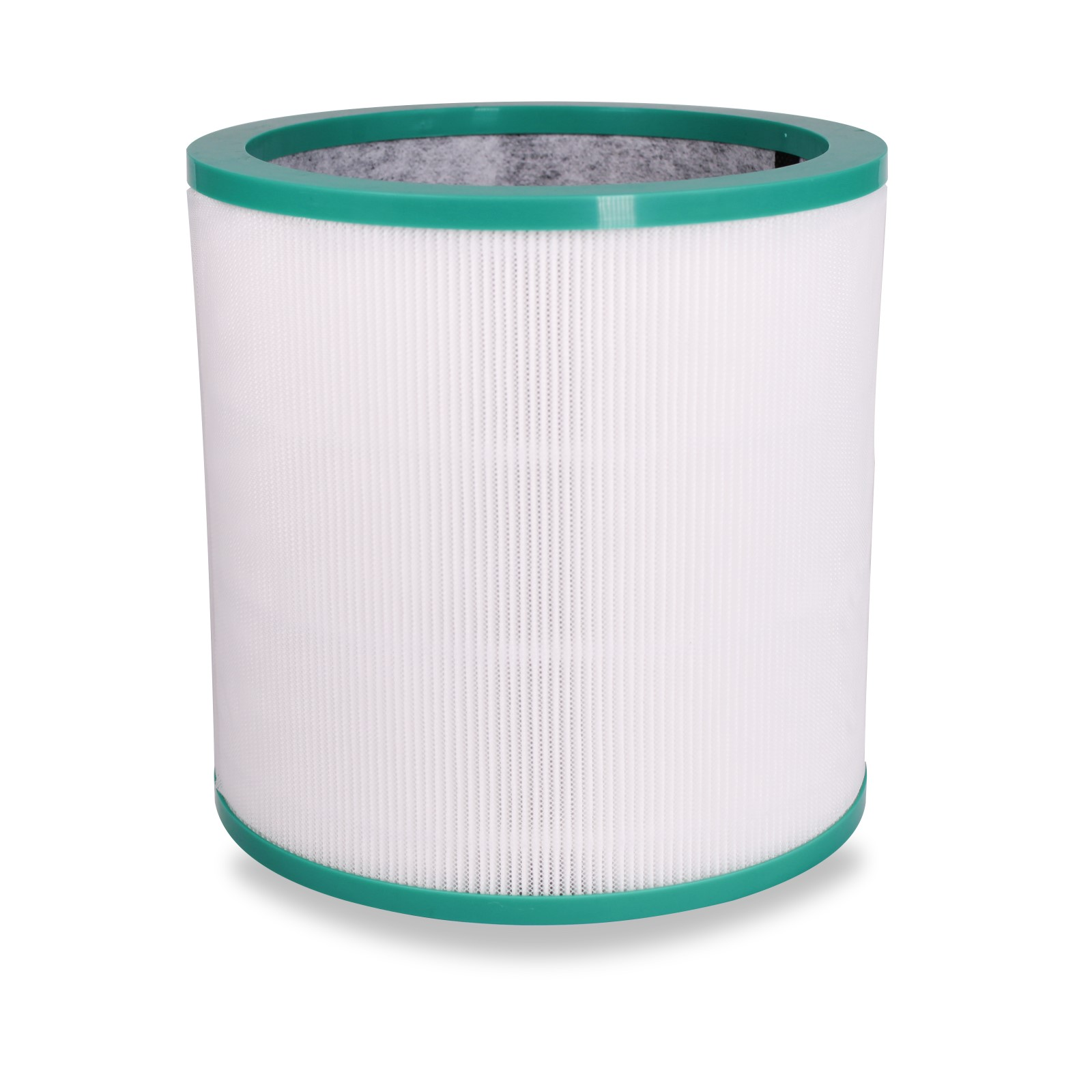 Weiß-grüner Luftfilter. Zylindrische Form mit grünem Rand. Der Filter ist weiß und geschichtet.
