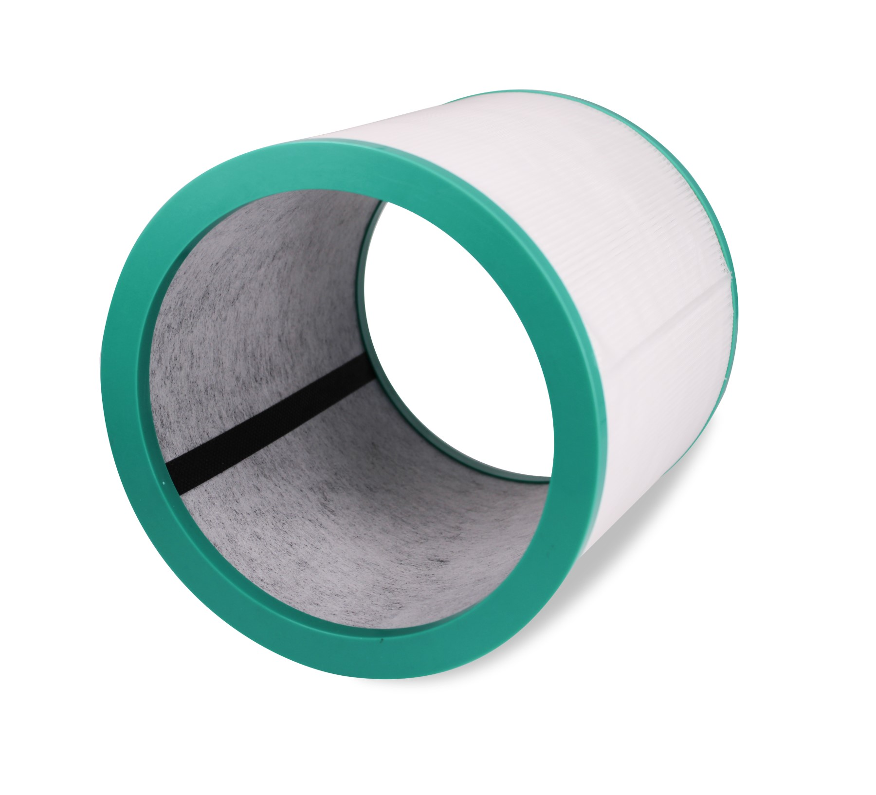 Ein weißer Luftfilter mit grünem Rand. Der Filter hat eine zylindrische Form und ist weiß.