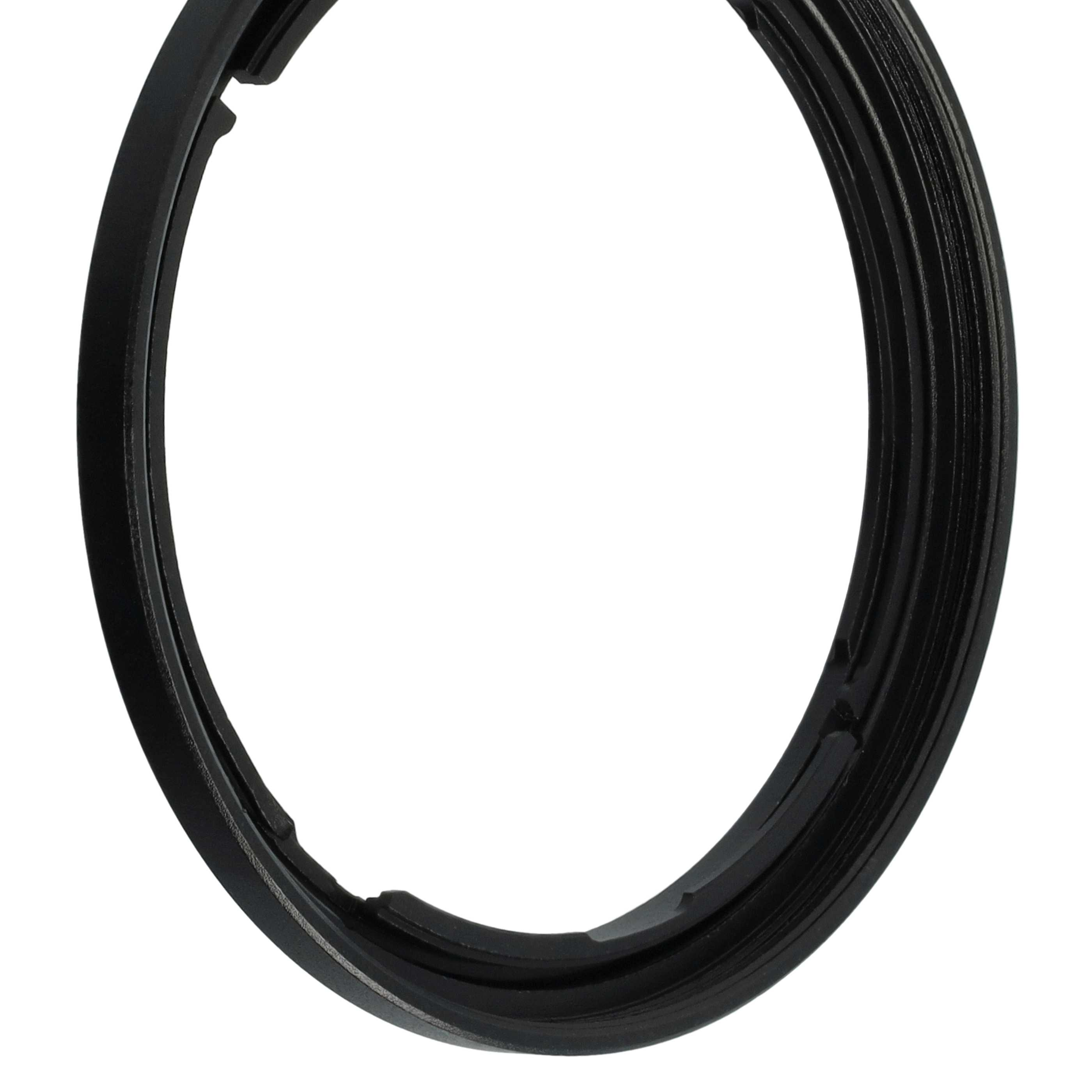 Schwarzer Kameraobjektiv-Adapterring. Nahaufnahme, weißer Hintergrund. Kreisförmige Form.
