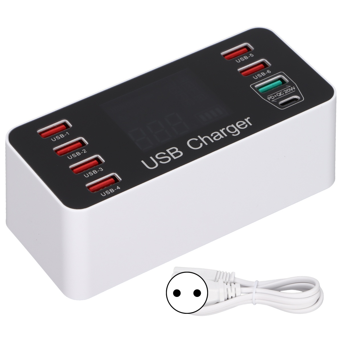 Weißes USB-Ladegerät mit mehreren Anschlüssen und Kabel auf weißem Grund.