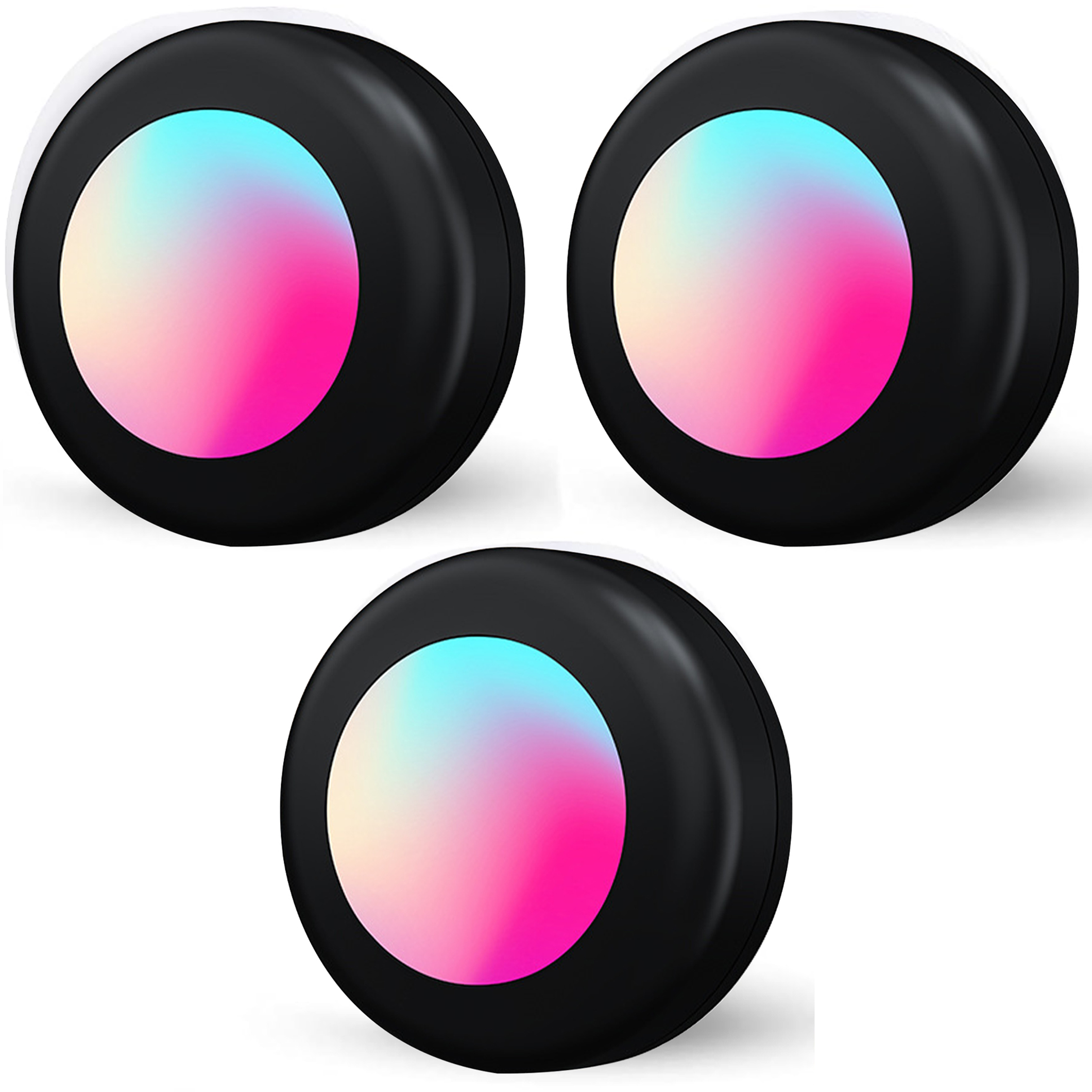 Drei schwarze, kreisförmige Smart-Home-Geräte mit farbigen, leuchtenden Zentren.