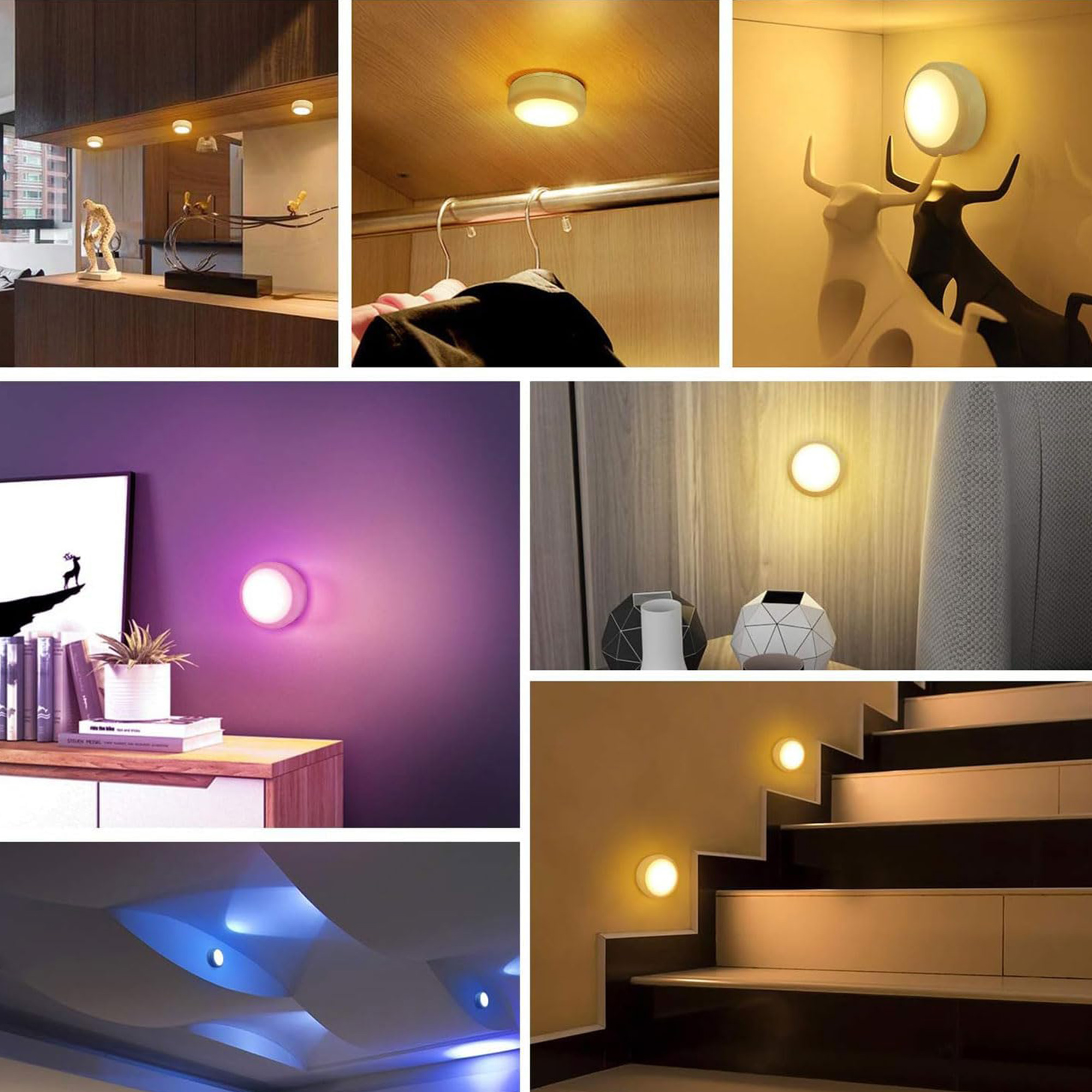 Eine Collage von kleinen, runden, weißen Lichtern in verschiedenen Heimsettings.