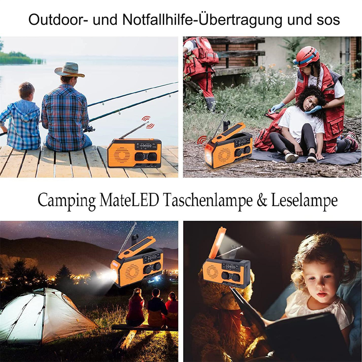 Oranges Campingradio mit Taschenlampe. Gezeigt in verschiedenen Outdoor-Szenarien: Angeln, Camping.