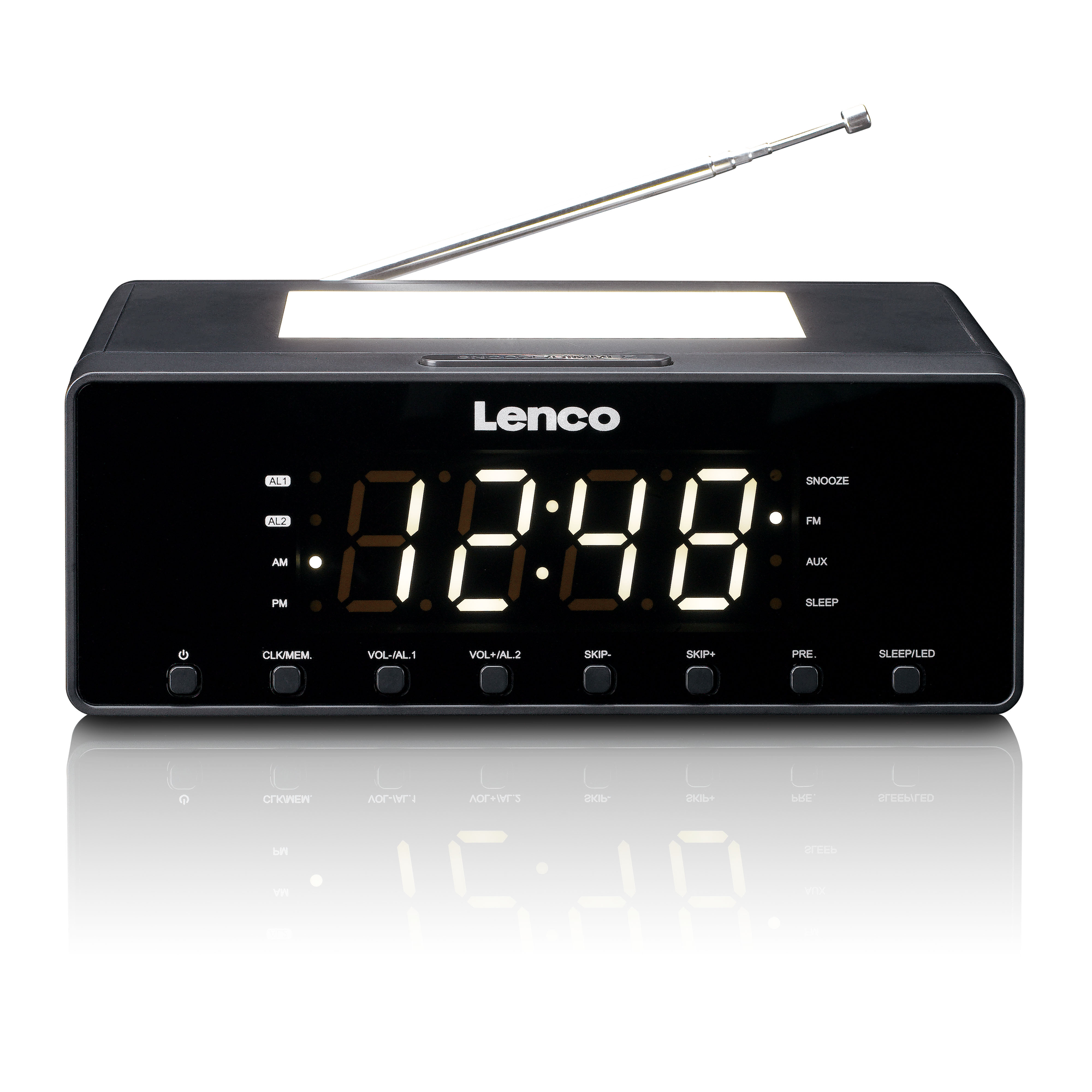 Réveil numérique Lenco noir avec radio, affichant 12:48. Antenne argentée s'étend vers le haut.