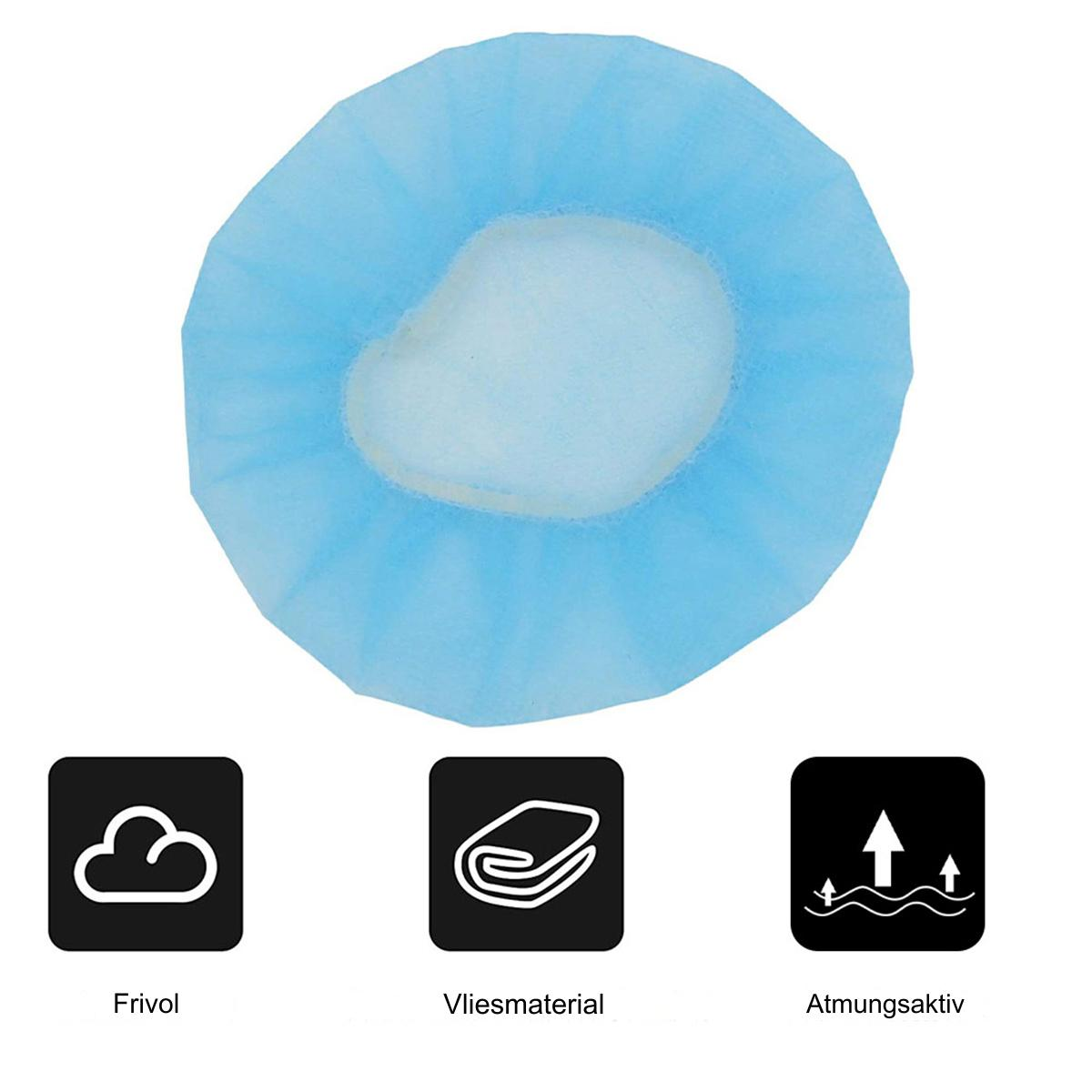 Blaue OP-Haube mit Symbolen für Frivol, Vliesmaterial und Atmungsaktiv auf weißem Grund.