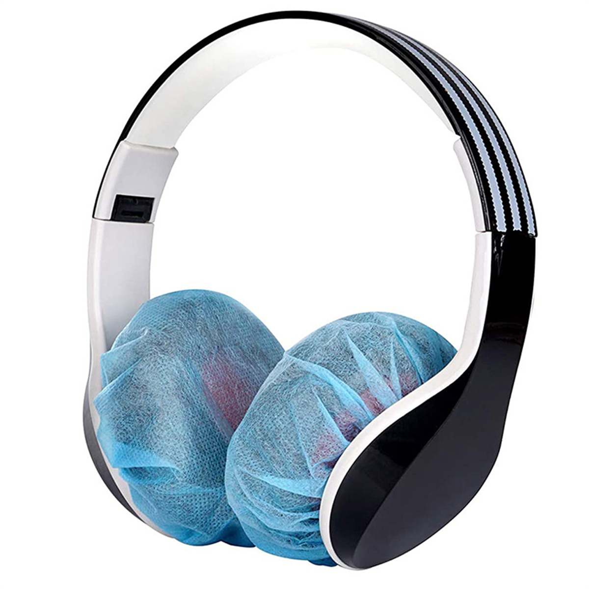 Kopfhörer mit Ohrenschützern, schwarz-weißes Design, blaue Netz-Ohrenschützer.
