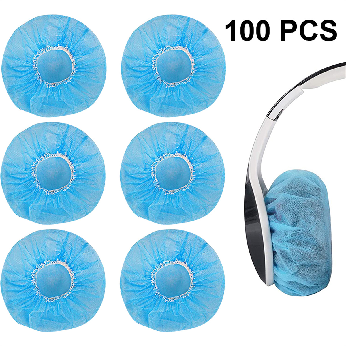 Sechs blaue Ohrabdeckungen und ein Headset mit einer Abdeckung auf der Ohrmuschel, vor weißem Hintergrund.