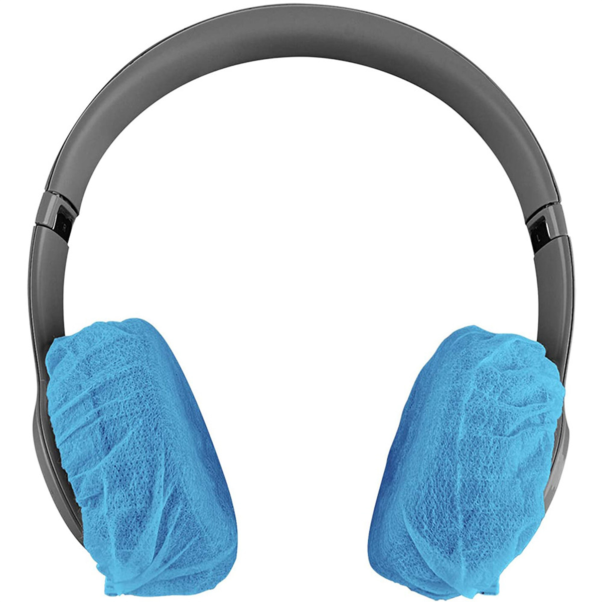 Graue Kopfhörer mit blauen Ohrabdeckungen. Die Abdeckungen bestehen aus einem netzartigen Material.