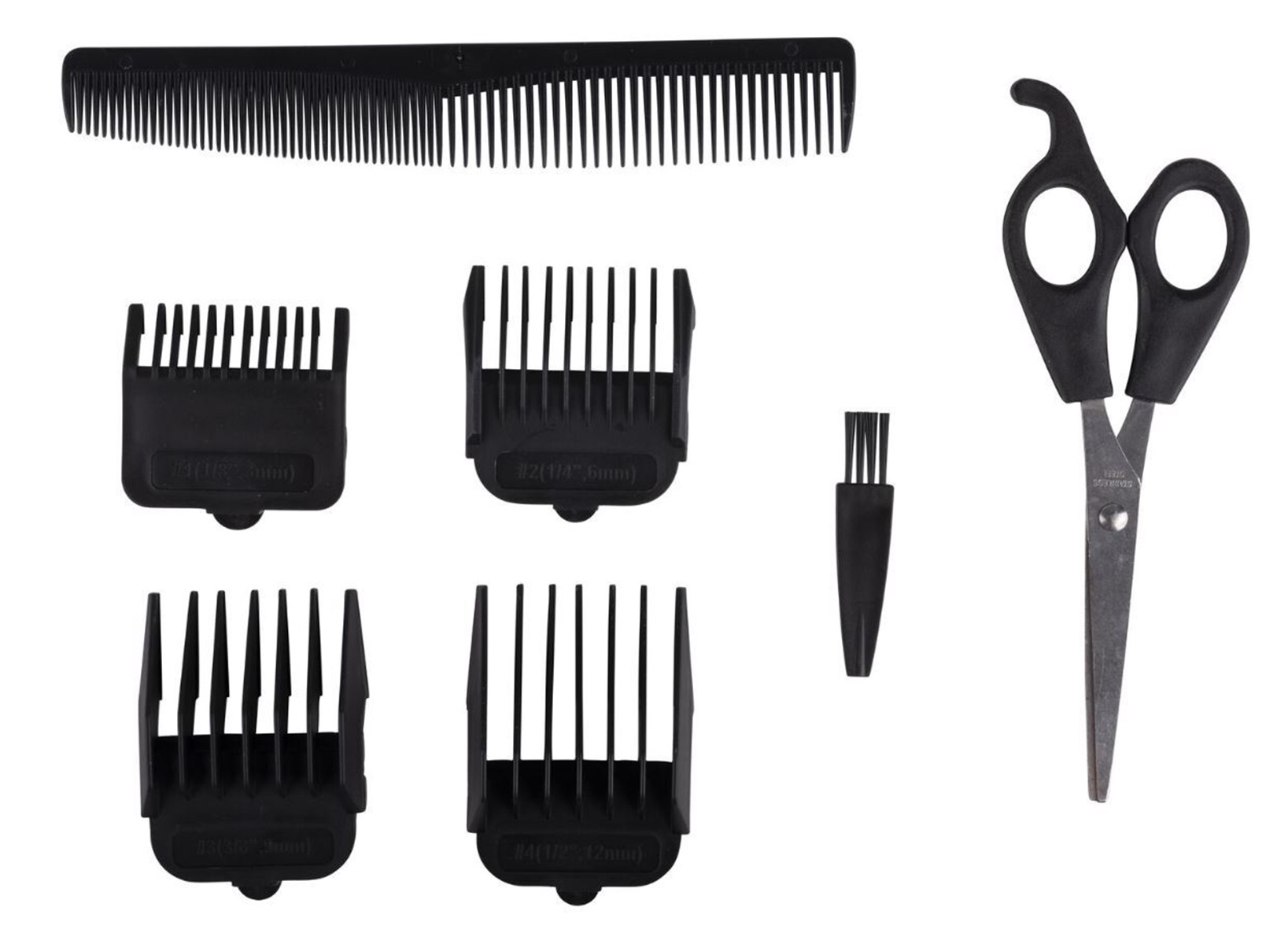Haarschneidewerkzeuge: Kamm, Clipper-Aufsätze und Schere auf weißem Hintergrund.