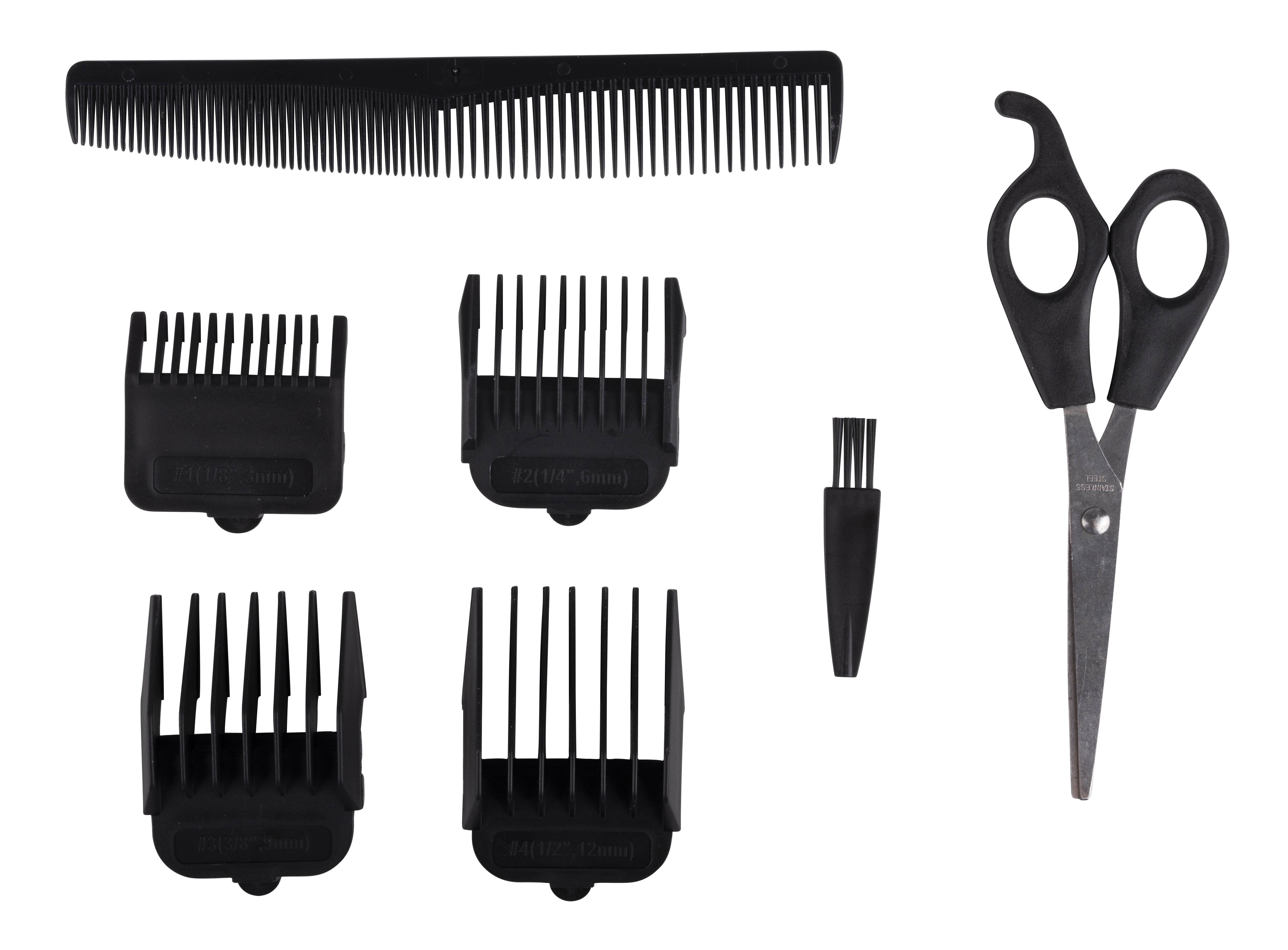 Ein Satz Friseurutensilien, darunter ein Kamm, Clipper-Aufsätze, eine Bürste und eine Schere.