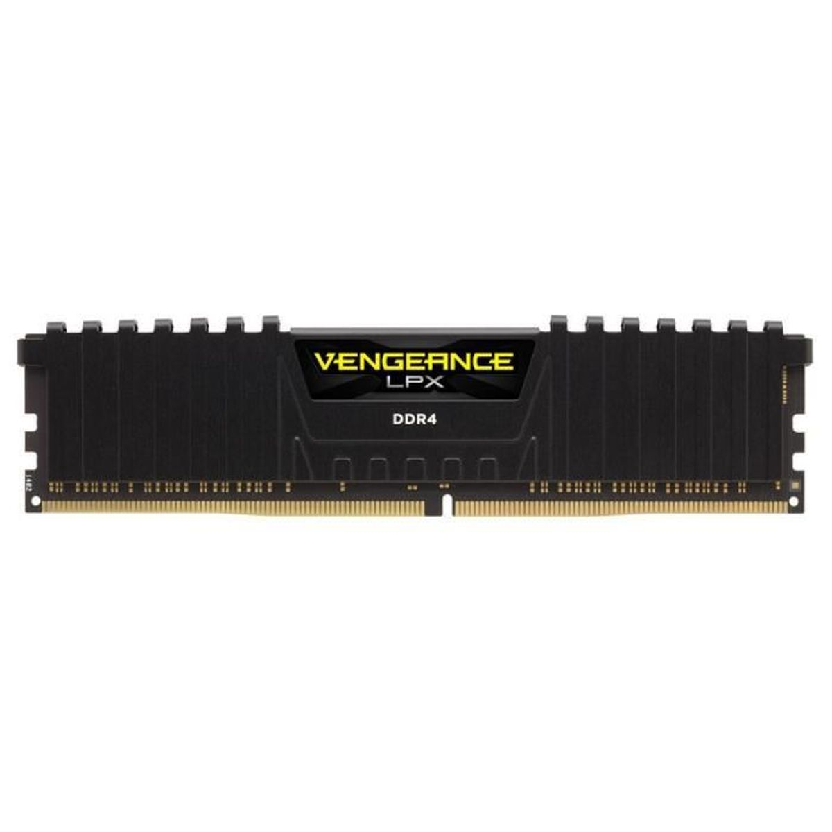 Czarny moduł pamięci RAM Corsair Vengeance LPX DDR4. Znajduje się na białym tle.