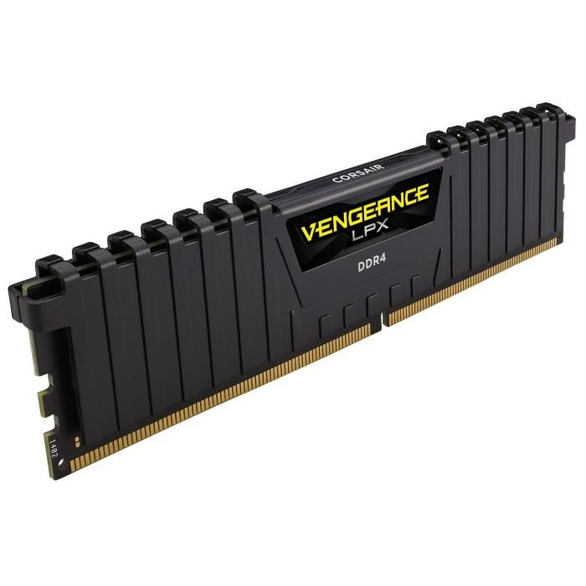 Czarny moduł pamięci RAM z etykietami Corsair Vengeance LPX i DDR4.