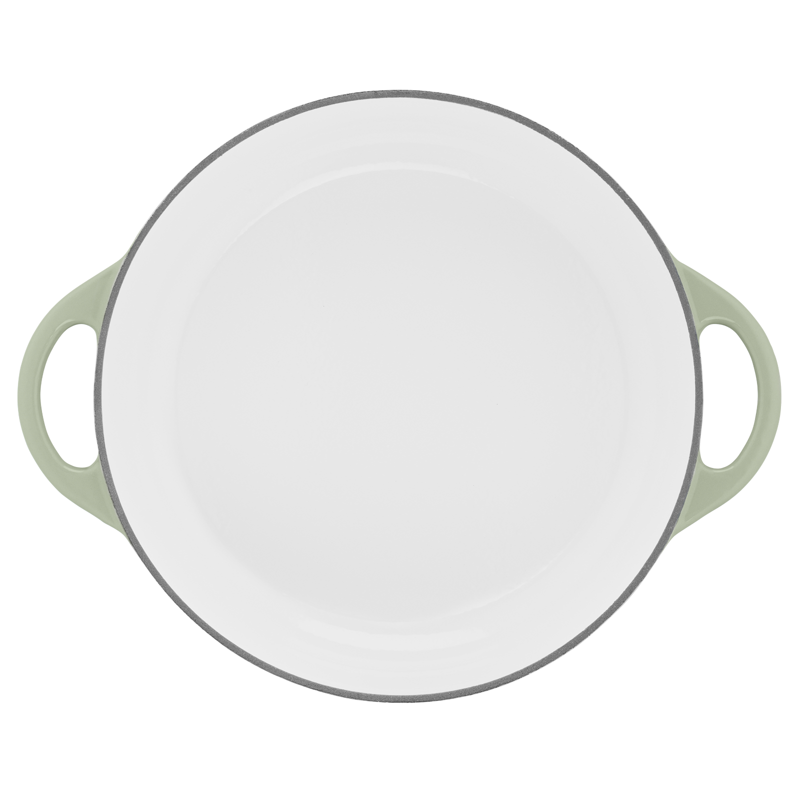 Owalne białe naczynie do zapiekania z jasnozielonymi uchwytami i obramowaniem. Widok z góry.