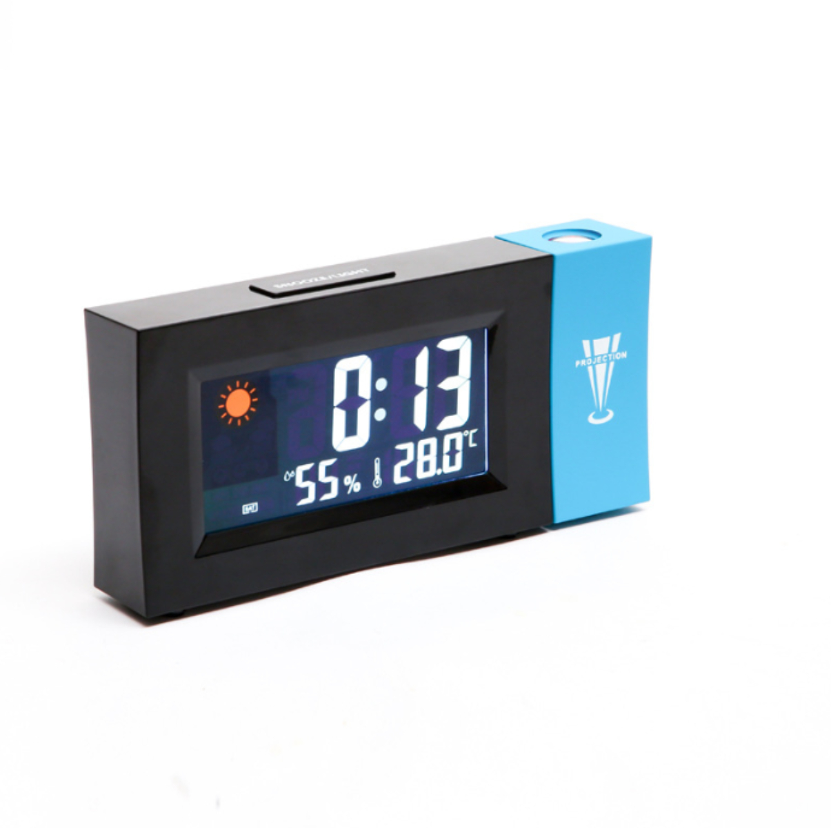 Schwarz-blaue Digitaluhr mit Anzeige von Zeit, Wetter und Temperatur.