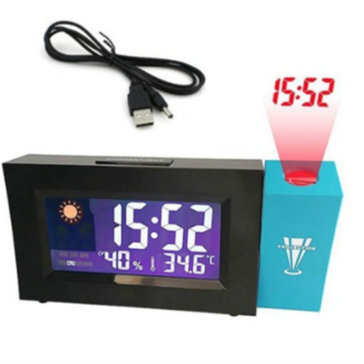 Schwarzer digitaler Wecker mit der Anzeige 15:52. Ein USB-Kabel befindet sich oben links, eine Projektionsbox rechts.