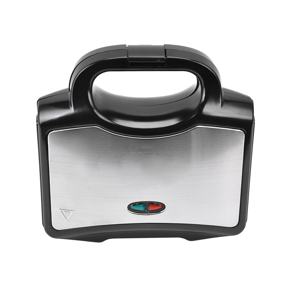 Sandwichmaker. Schwarz und Silber, Draufsicht. Griff oben, mit grünen und roten Kontrollleuchten.