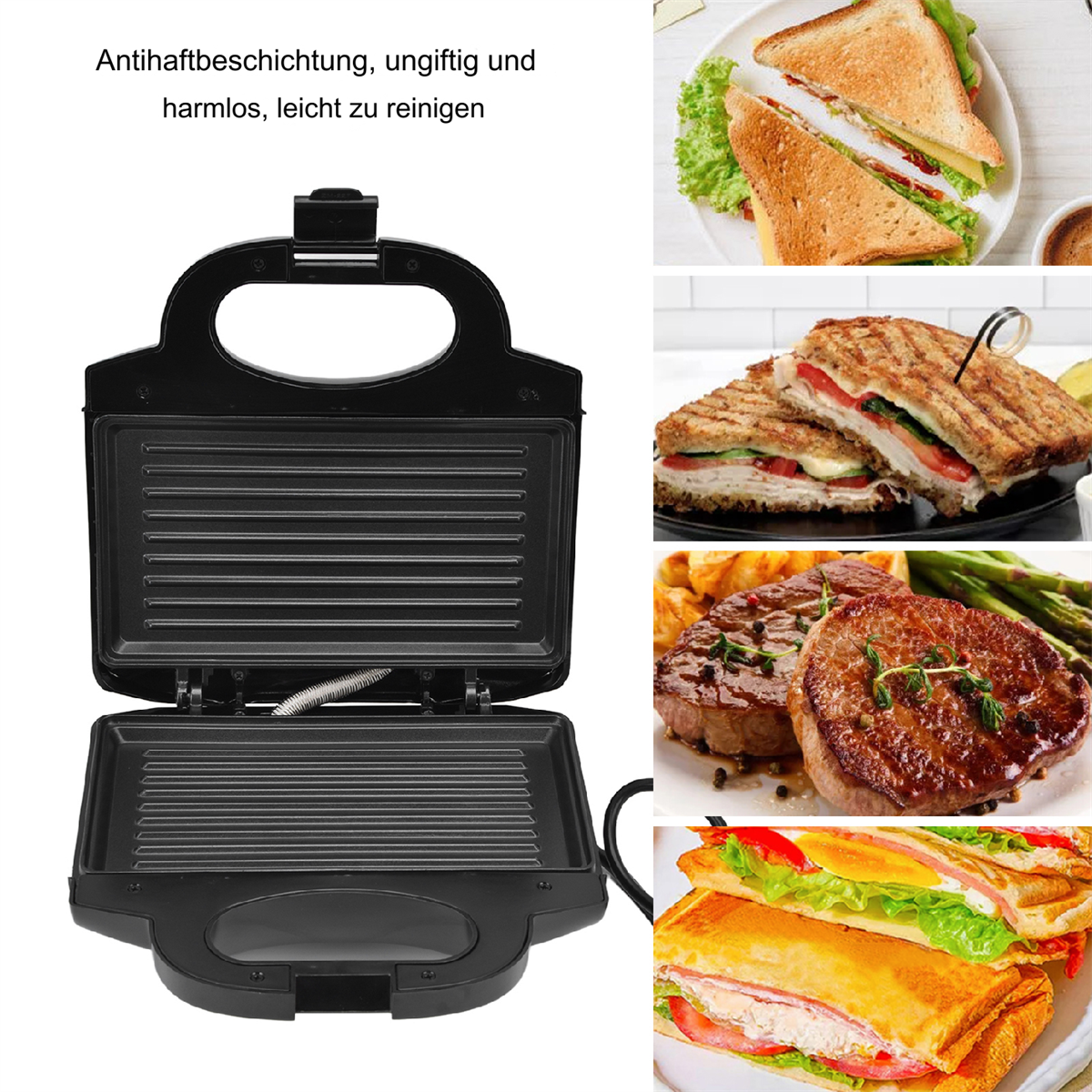 Ein schwarzer Sandwichmaker mit Sandwiches und Steak, zusammen mit Text über die Antihaftbeschichtung.