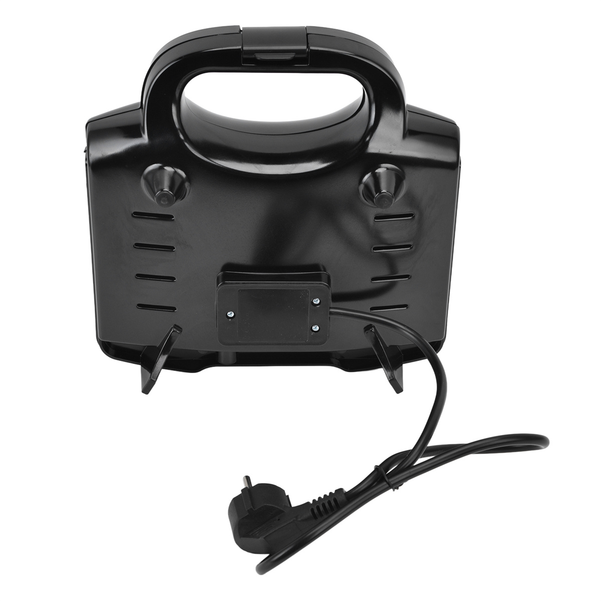 Schwarzer Sandwichmaker, Draufsicht. Er hat einen Griff und ein Netzkabel mit Stecker. Die Basis hat Stützbeine.