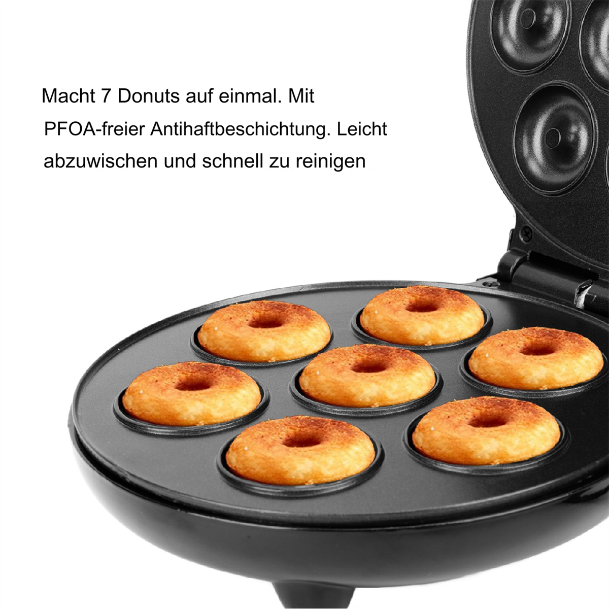Donut-Maker mit sieben gebackenen Donuts darin, Nahaufnahme.