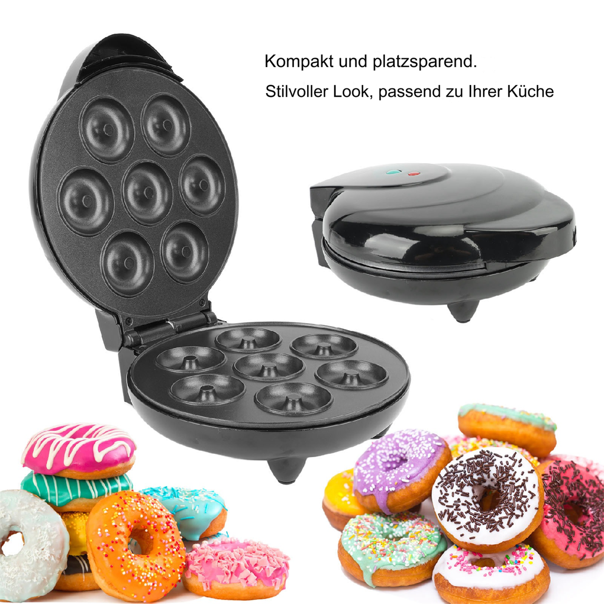 Donut-Maker mit Donuts. Der Maker ist schwarz und offen, mit Donuts.