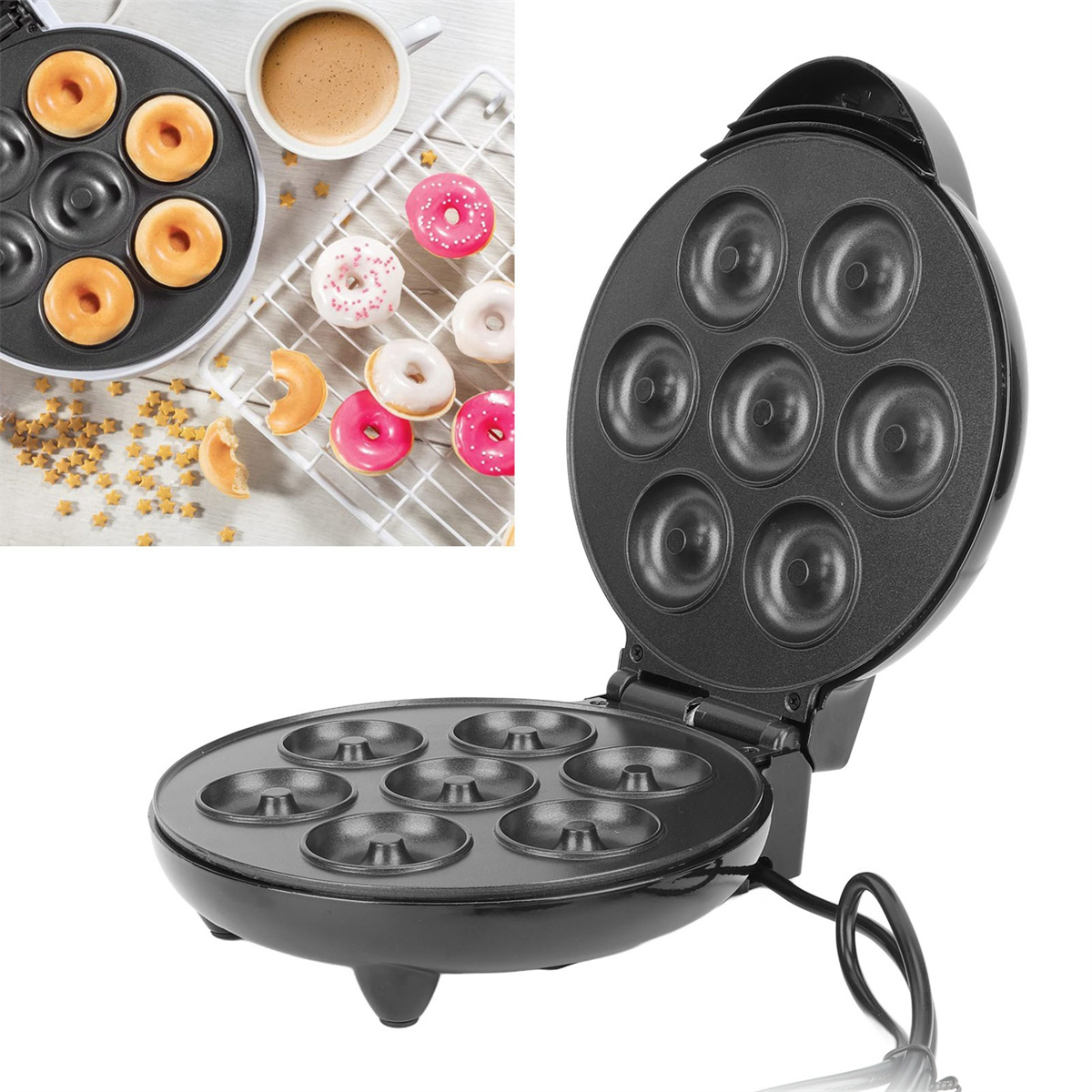 Donut-Maker mit Donuts oben. Weiße, rosa und glasierte Donuts.