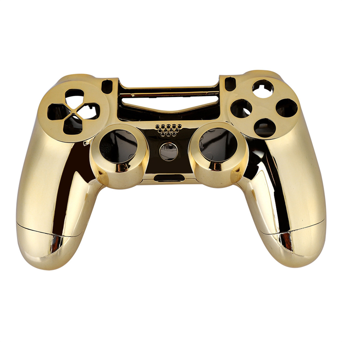 Goldener Gamecontroller mit mehreren Knöpfen und Joysticks. Glänzende und reflektierende Oberfläche.