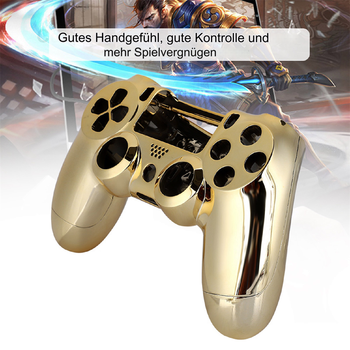 Goldener Game-Controller. Tasten und Griffe sichtbar. Der Hintergrund hat ein verschwommenes Bild eines Kriegers.