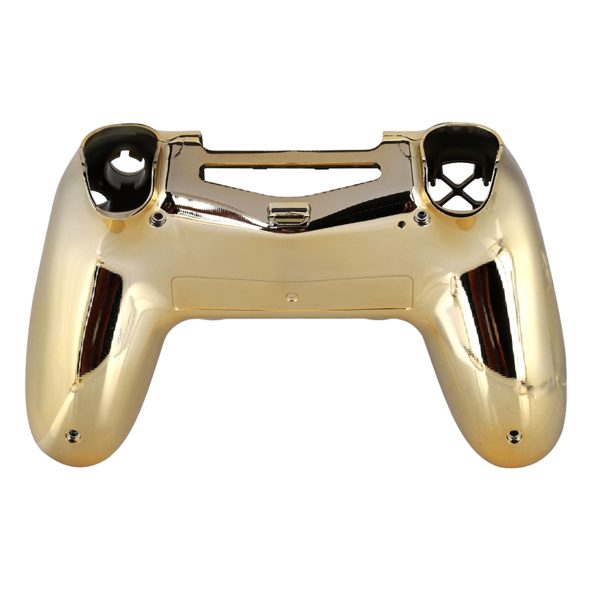 Goldfarbene Controller-Hülle. Die Form ist wie ein Gamecontroller. Glänzende Goldoberfläche mit weißem Hintergrund.