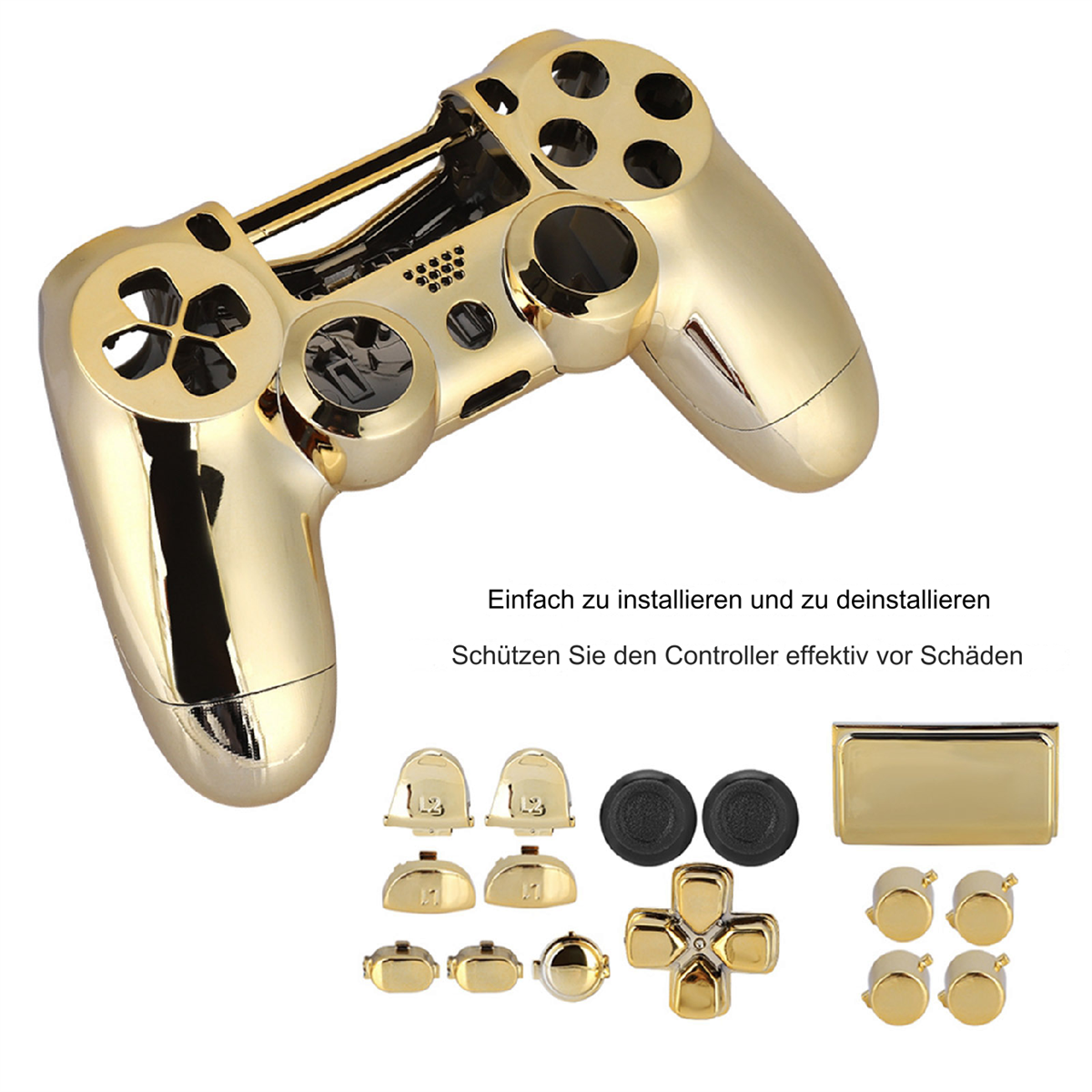 Goldfarbener Gamecontroller mit zerlegten Teilen auf weißem Untergrund.