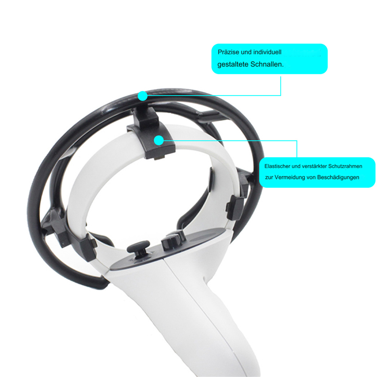 Ein weißer und schwarzer Controller mit schwarzem Schutzring. Anmerkungen weisen auf Details hin.