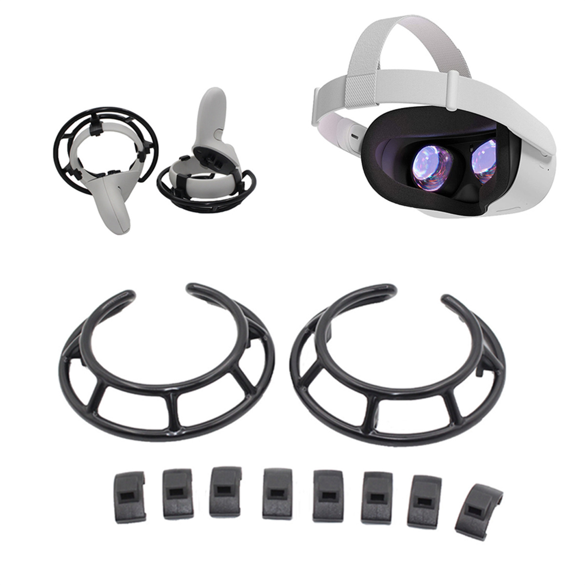 VR-Headset und Controller, zusammen mit Schutzringen und Clips, alles auf Weiß.