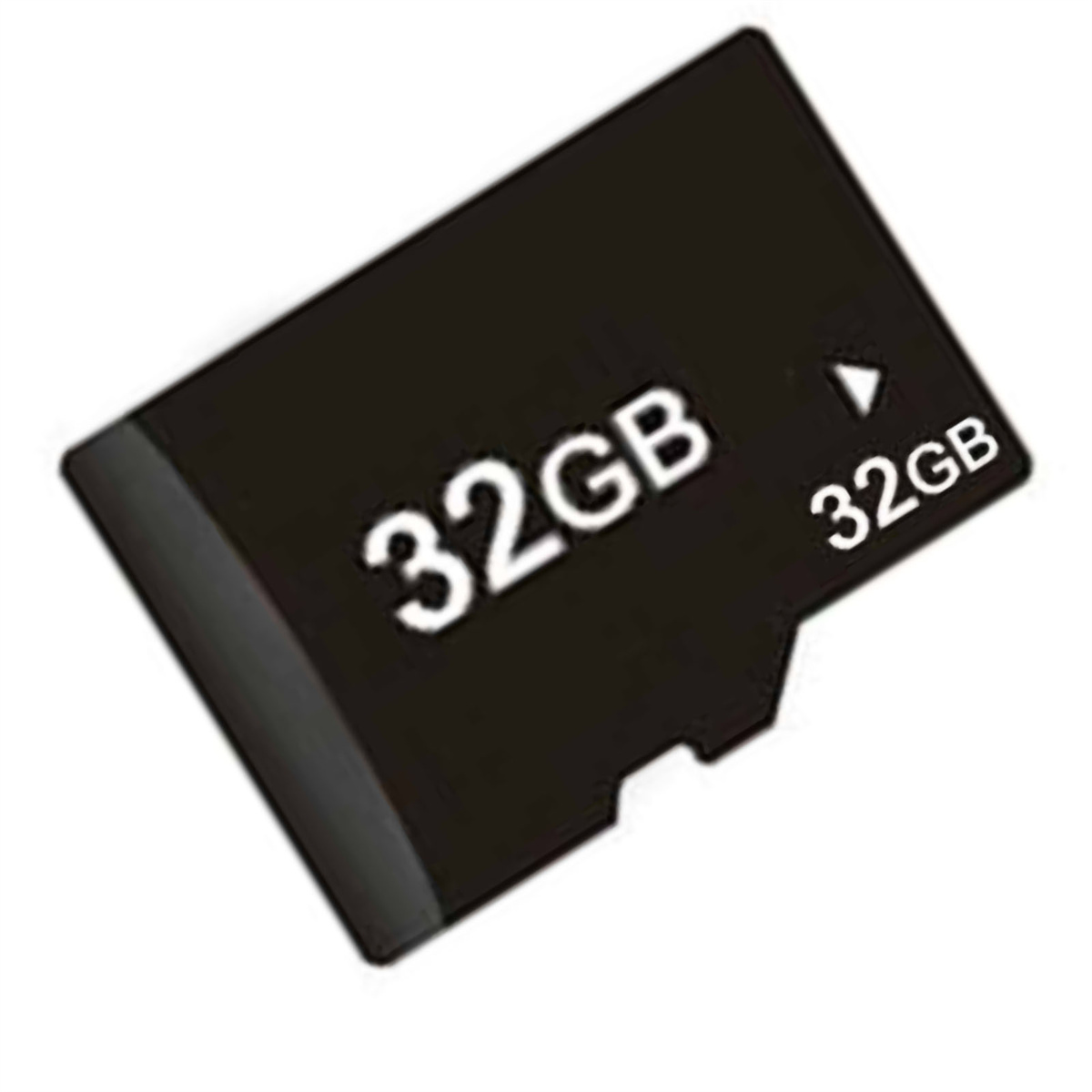 Eine schwarze 32-GB-SD-Karte auf weißem Hintergrund, Text zeigt 32 GB Speicher an.